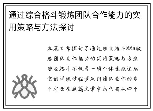 通过综合格斗锻炼团队合作能力的实用策略与方法探讨